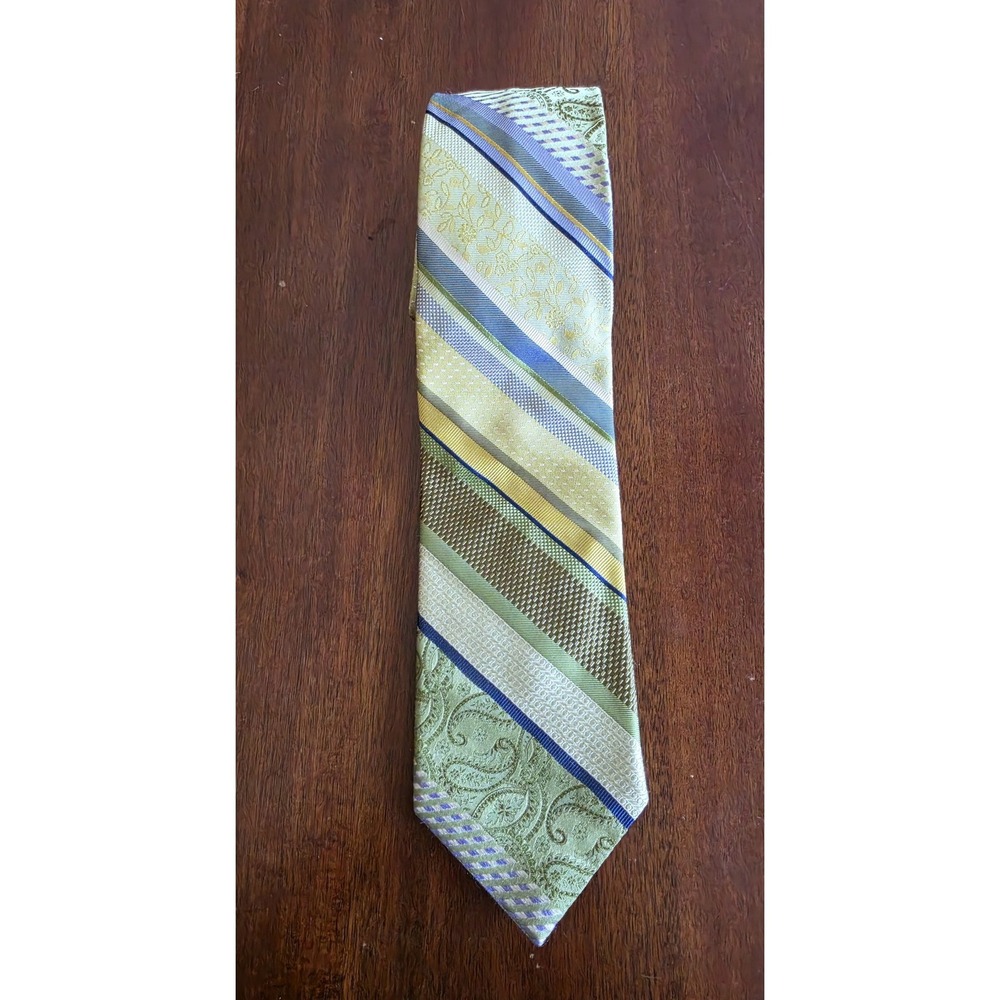 Altea Milano Italian Silk‎ Tie-Green Paisley & Geometric Stripe-Designer Necktie